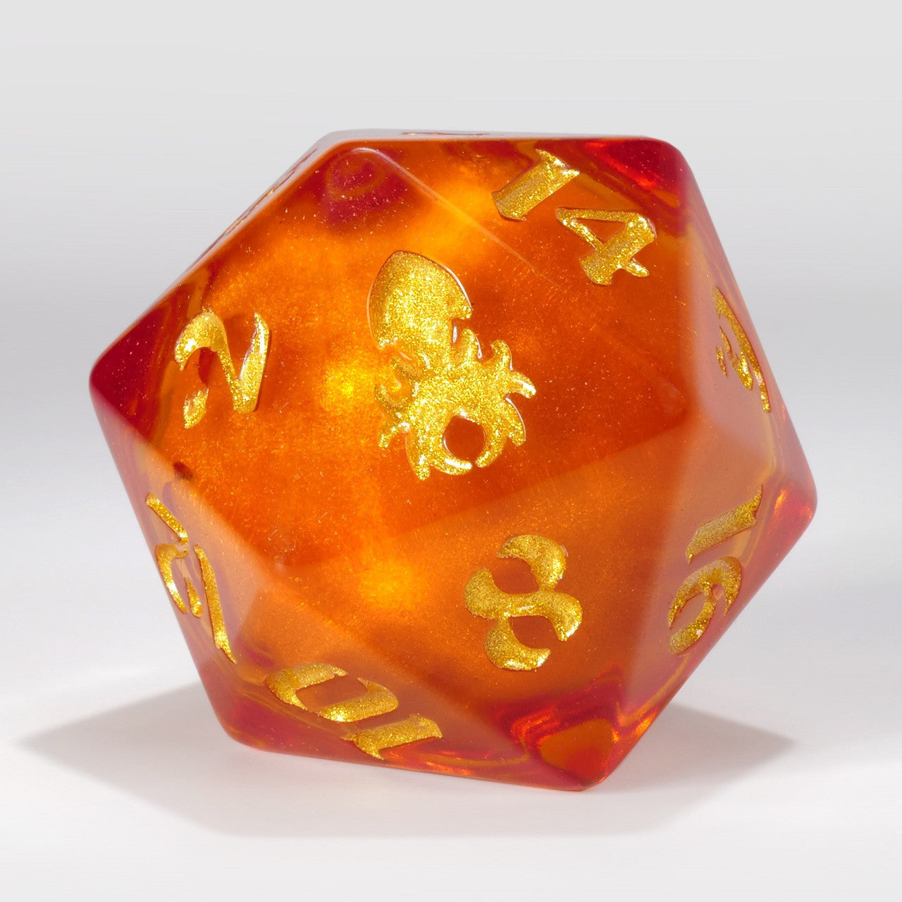 34mm Orange Liquid Core Single D20 with Gold Ink